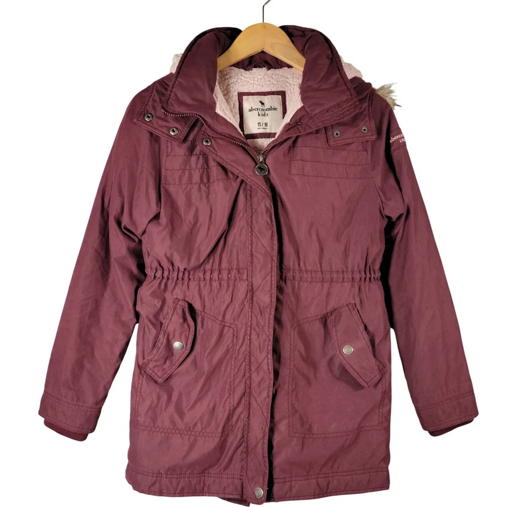 Abercrombie Kids Parka Jacket Kids 15/16 Maroon Faux Fur Hooded Sherpa Lined